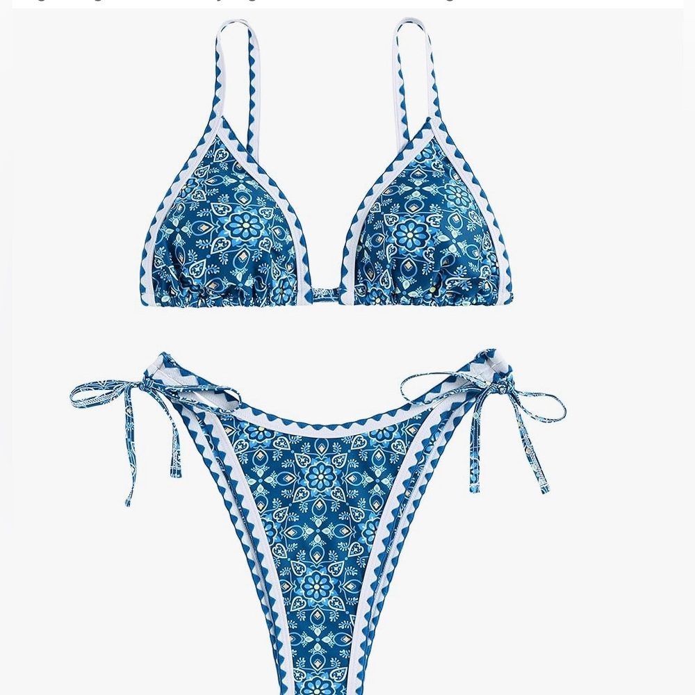 ✨ZAFUL Womens Floral Bikini String High Cut Two Piece Blue and White Size Small
